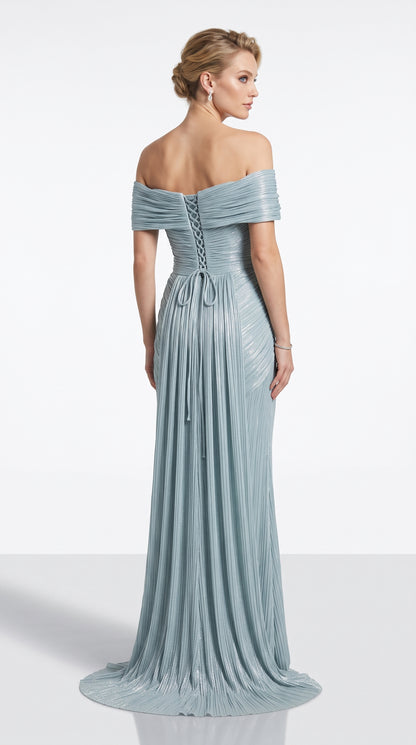 Elegantes schulterfreies Plissee-Abendkleid in Metallic-Olivgold Beschreibung: e389