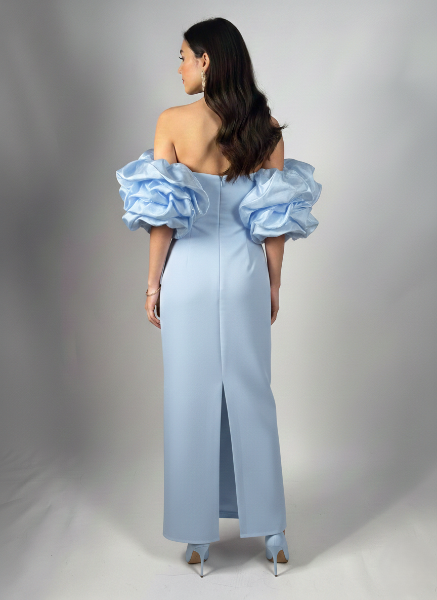 Schulterfreies Langes Abendkleid mit Puffärmeln E340