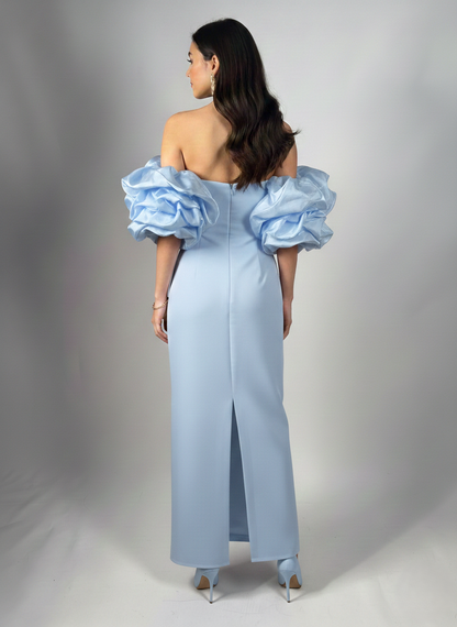 Schulterfreies Langes Abendkleid mit Puffärmeln E340