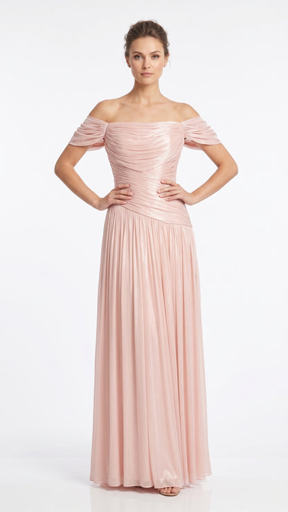 Elegantes schulterfreies Plissee-Abendkleid in schimmerndem Eisblau e416