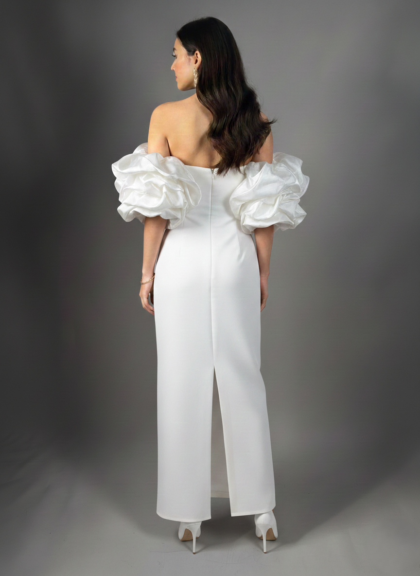 Schulterfreies Langes Abendkleid mit Puffärmeln E340