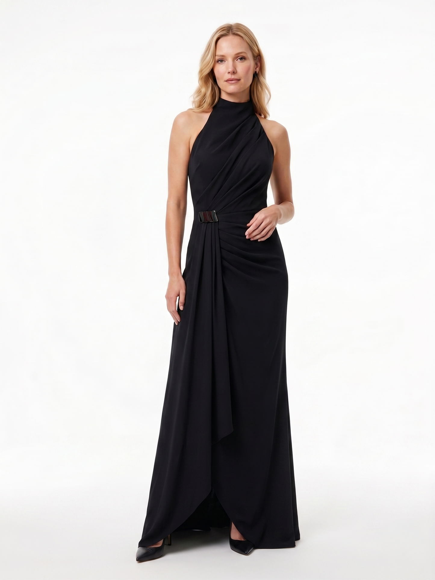 Chiffonabendkleid mit Drapierung und Stehkragen E384
