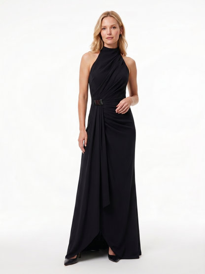 Chiffonabendkleid mit Drapierung und Stehkragen E384