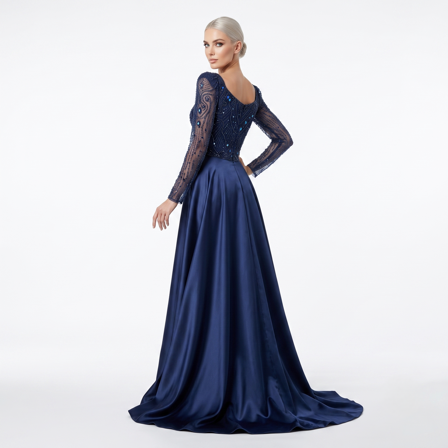 Langes Schwarzes Abendkleid mit Eckigem Ausschnitt und Transparenten Ärmeln E352