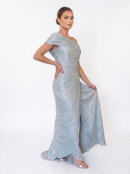 Elegantes schulterfreies Plissee-Abendkleid in Metallic-Olivgold Beschreibung: e389