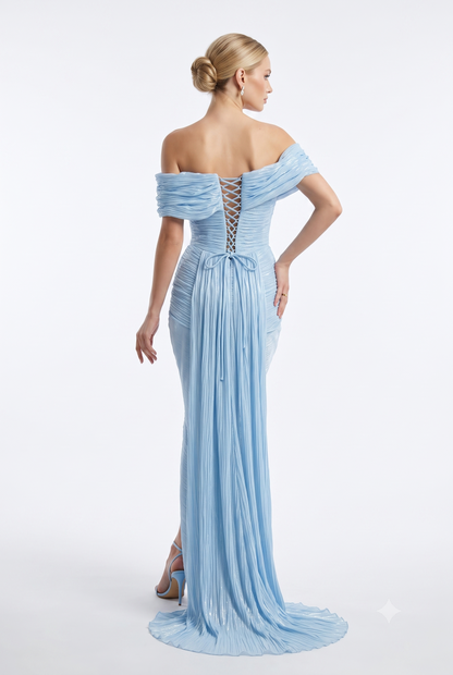 Elegantes schulterfreies Plissee-Abendkleid in Metallic-Olivgold Beschreibung: e389