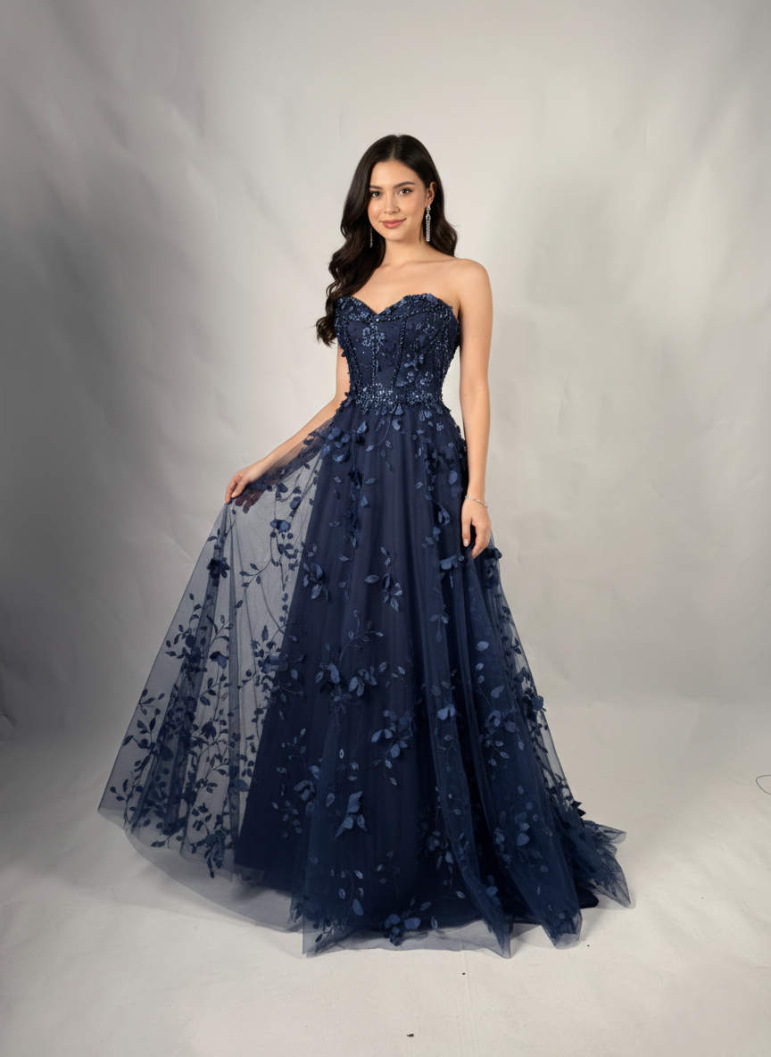 Trägerloses Tüll-Abendkleid mit 3D-Blüten - E304