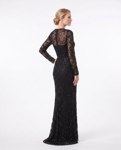 Langärmliges Spitzen-Abendkleid mit Raffung in Schokobraun Beschreibung: e405