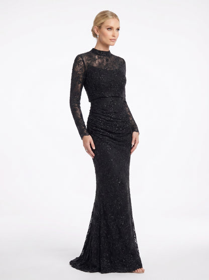 Langärmliges Spitzen-Abendkleid mit Raffung in Schokobraun Beschreibung: e405
