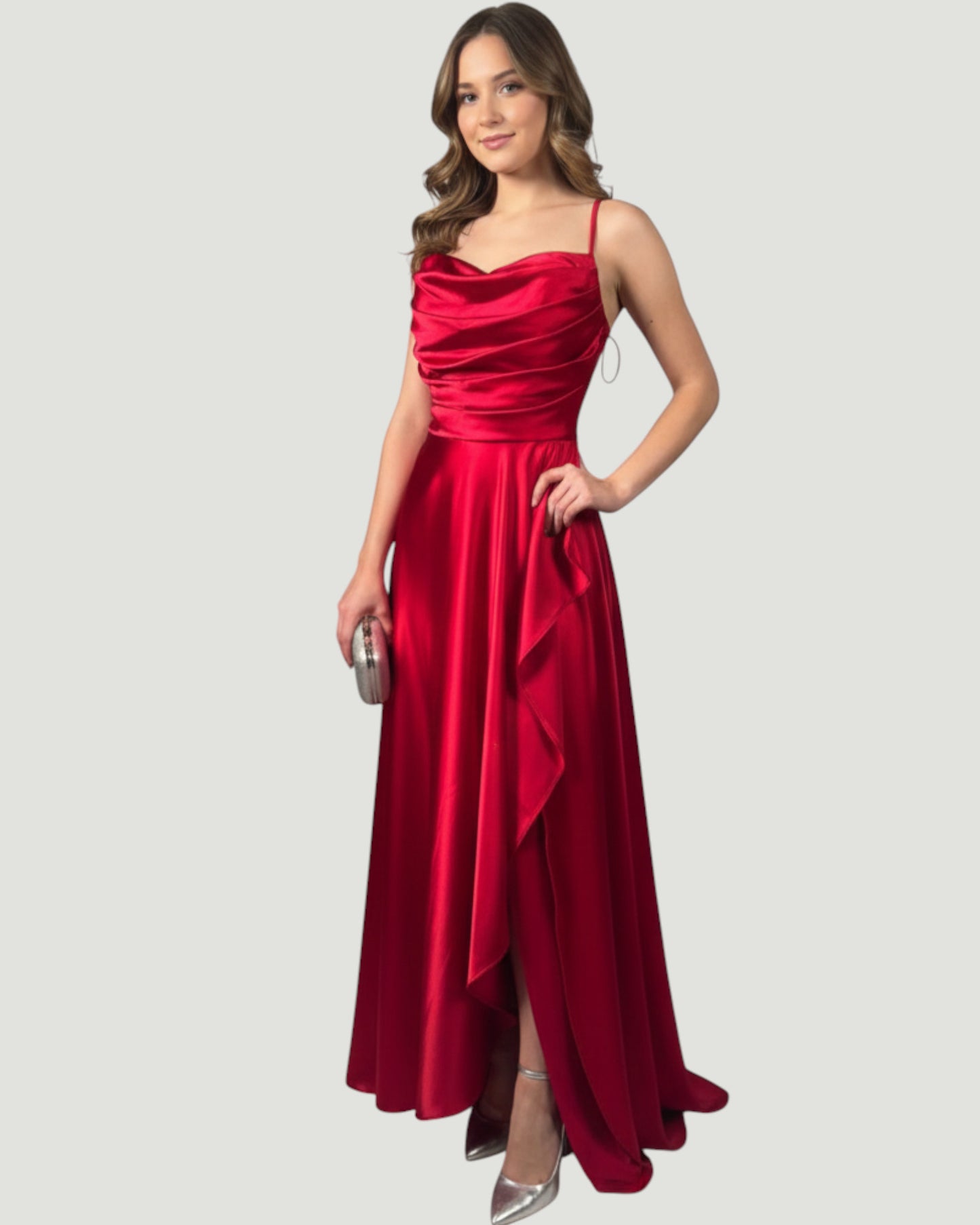 Satin-Abendkleid mit Wasserfall-Ausschnitt - E301