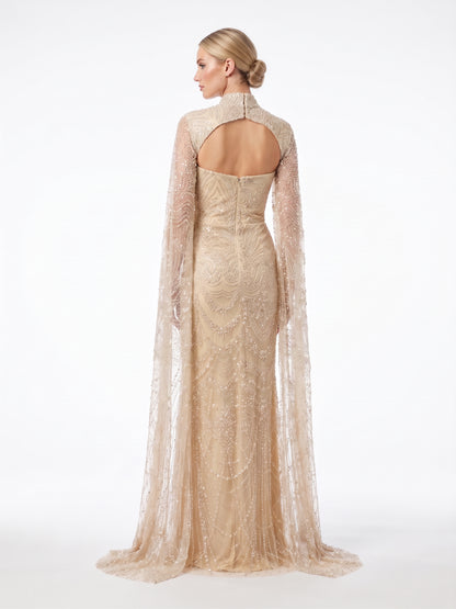 Elegantes Abendkleid mit besticktem Umhang in Champagner Beschreibung: e404