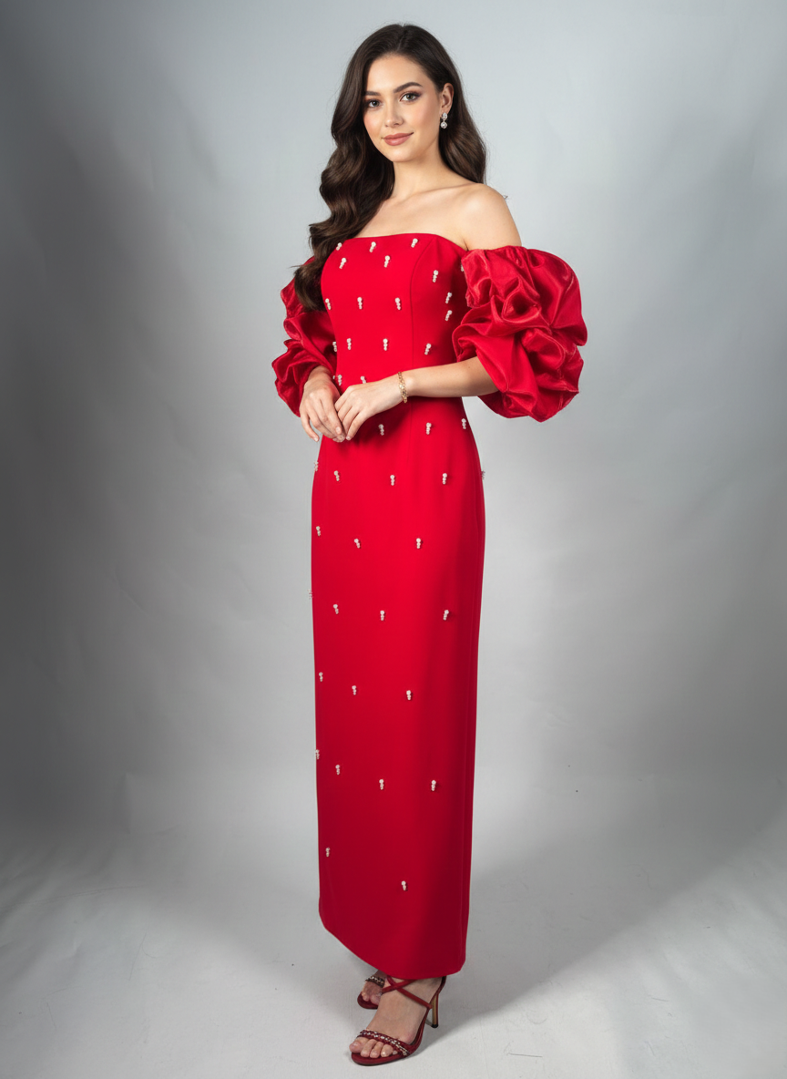 Schulterfreies Langes Abendkleid mit Puffärmeln E340