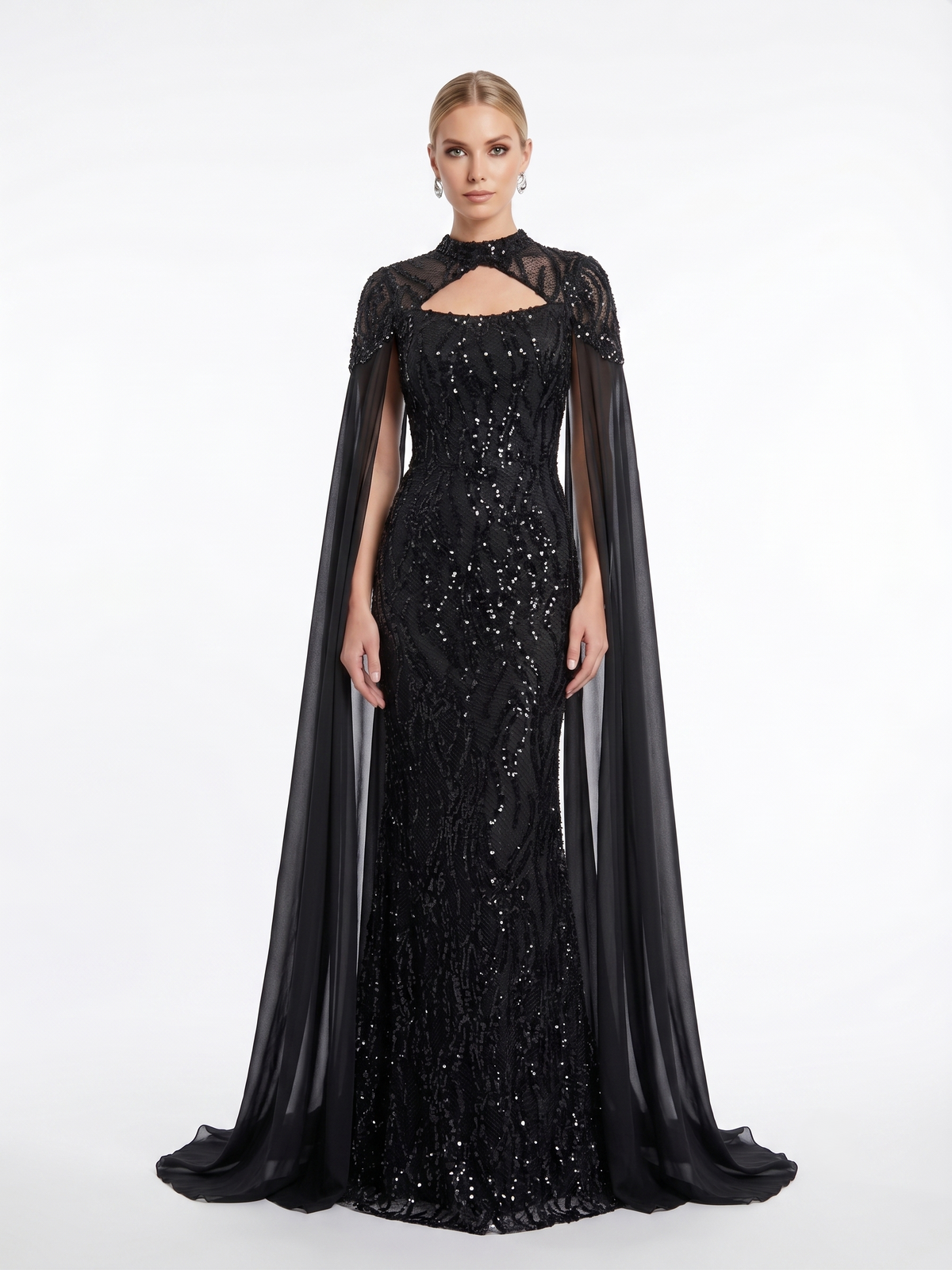 Pailletten-Abendkleid mit Chiffon-Cape e392
