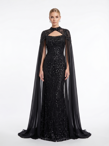 Pailletten-Abendkleid mit Chiffon-Cape e392