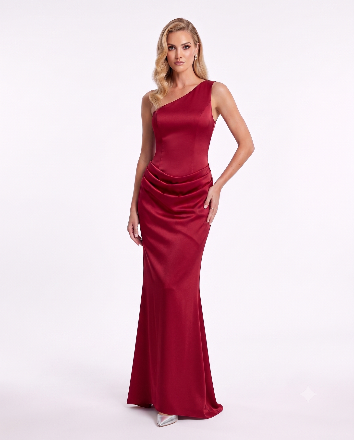 One-Shoulder Satinabendkleid mit Drapierung e387