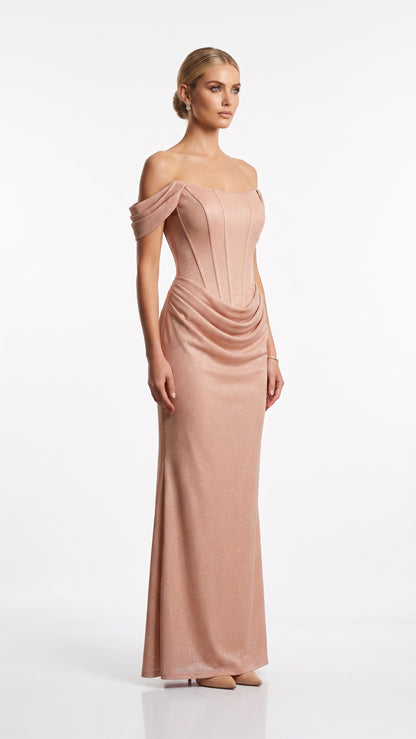 Schulterfreies Korsett-Abendkleid mit Drapierung in Roségold Beschreibung: e408