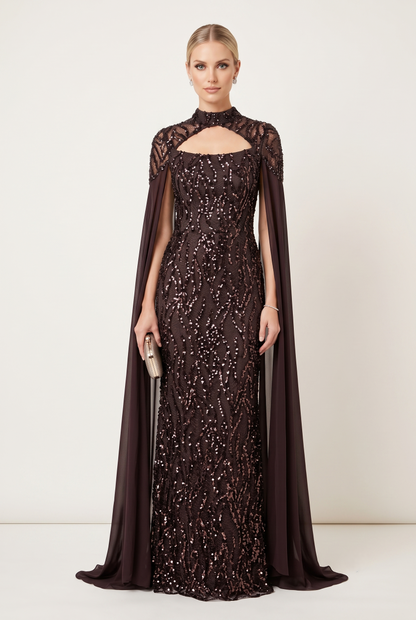 Pailletten-Abendkleid mit Chiffon-Cape e392