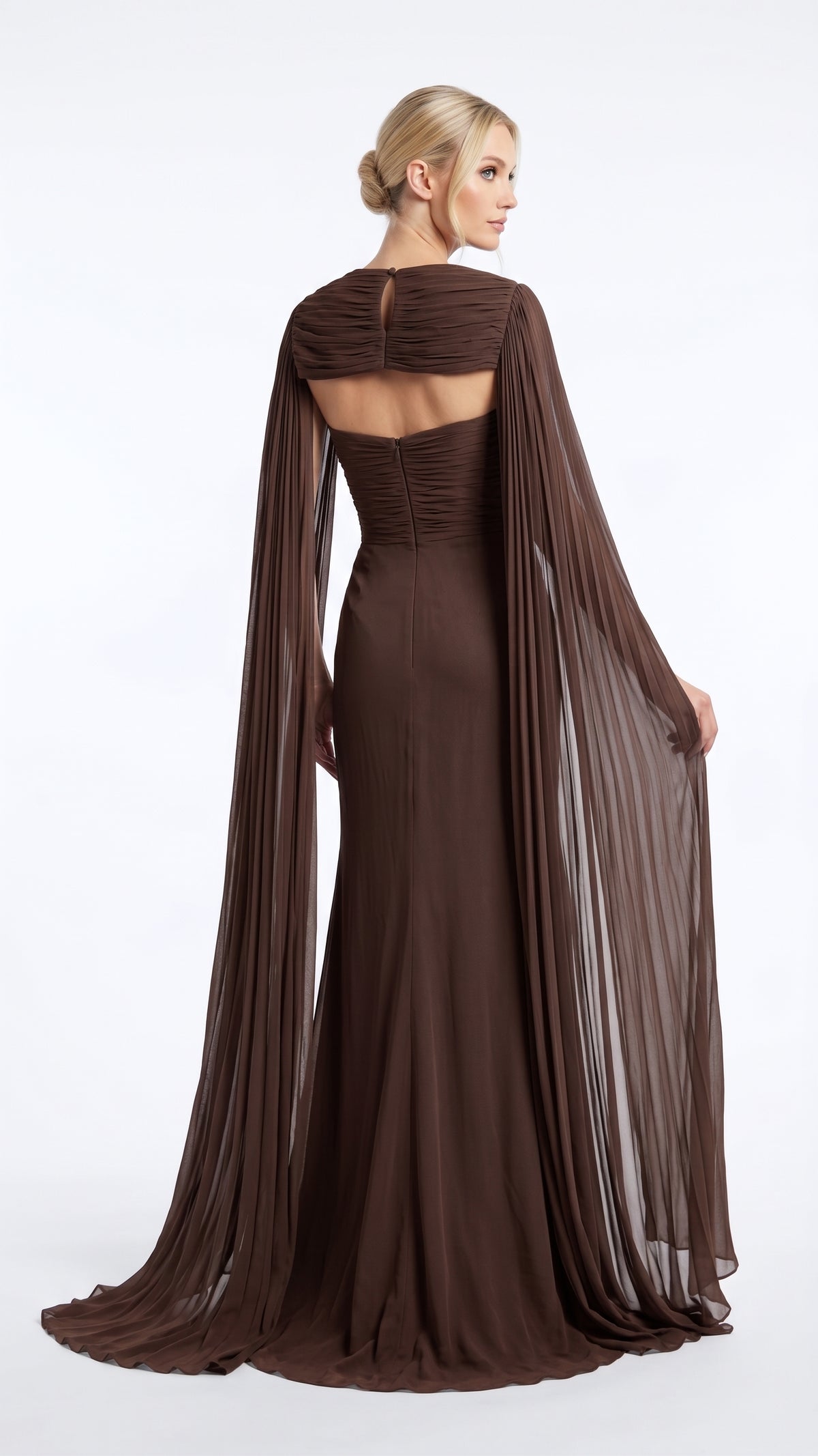 e:  Elegantes Chiffon-Abendkleid in Khakigrün mit Paillettenkragen und Cape-Ärmeln Beschreibung:  e422
