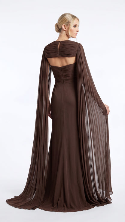 e:  Elegantes Chiffon-Abendkleid in Khakigrün mit Paillettenkragen und Cape-Ärmeln Beschreibung:  e422