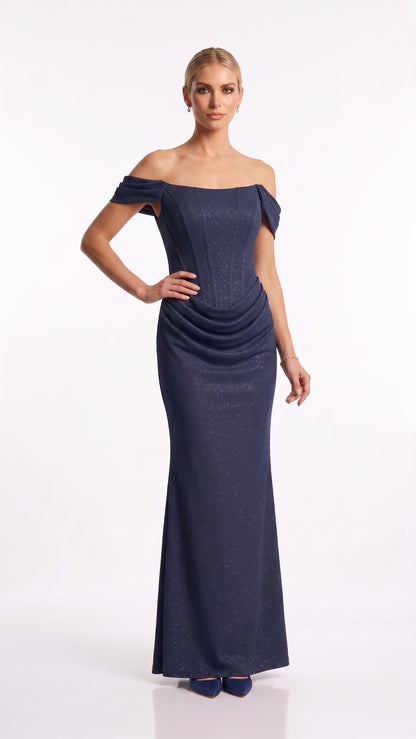 Schulterfreies Korsett-Abendkleid mit Drapierung in Roségold Beschreibung: e408