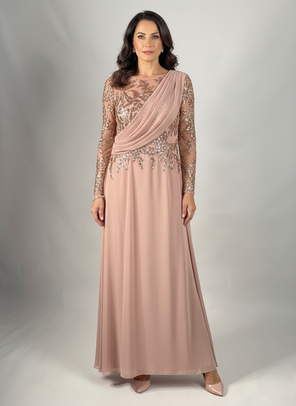 Langes Schwarzes Abendkleid mit Drapiertem Oberteil und Steinverzierungen E353