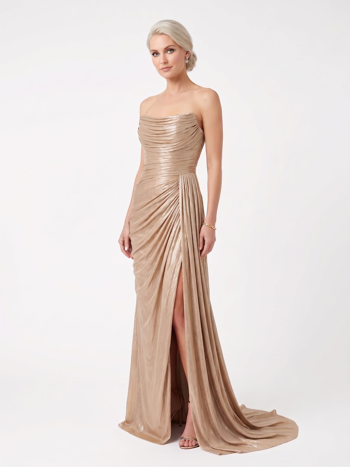 Elegantes trägerloses Abendkleid in schimmerndem Rosé Beschreibung: e412
