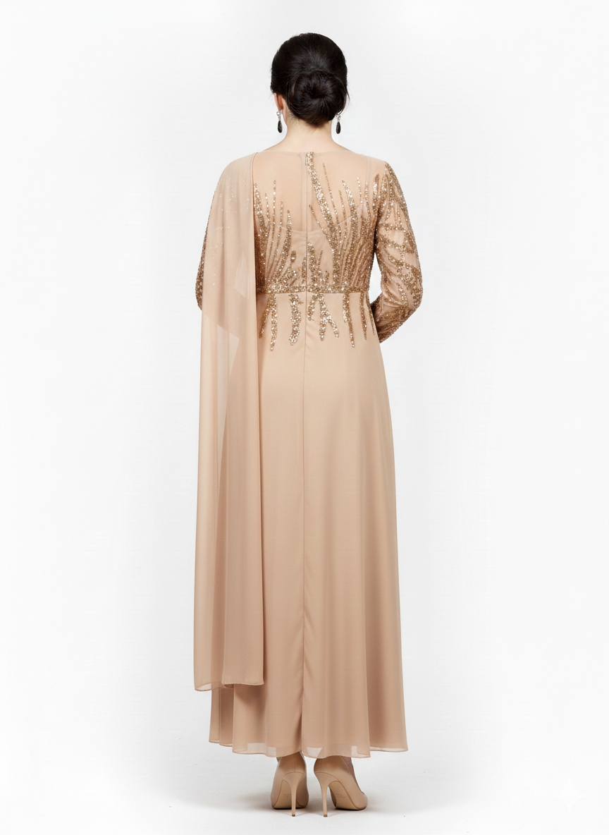 Langes Schwarzes Abendkleid mit Drapiertem Oberteil und Steinverzierungen E353