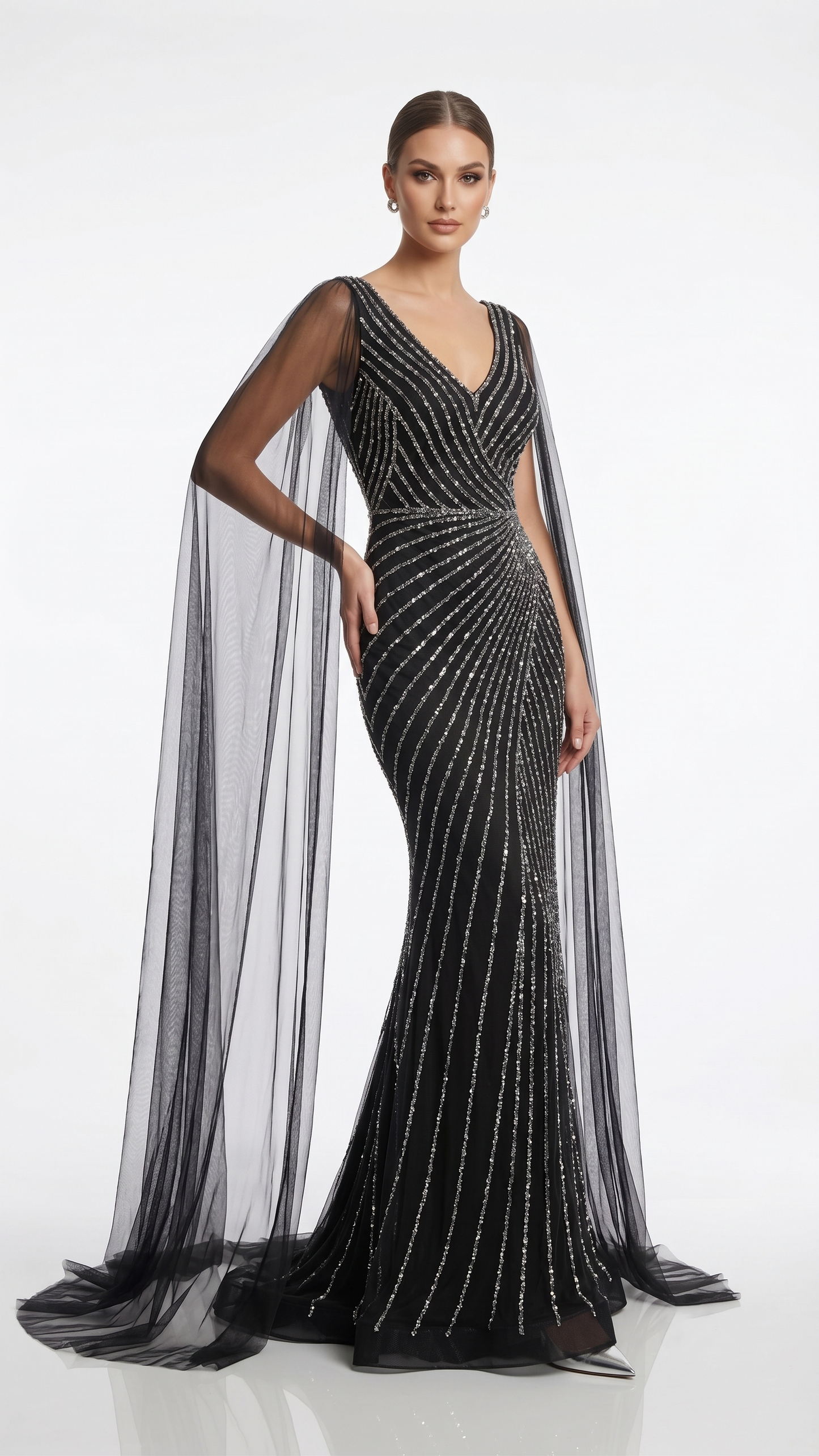 Pailletten-Abendkleid mit Cape-Ärmeln E307