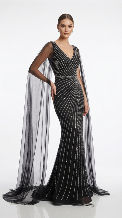 Pailletten-Abendkleid mit Cape-Ärmeln E307
