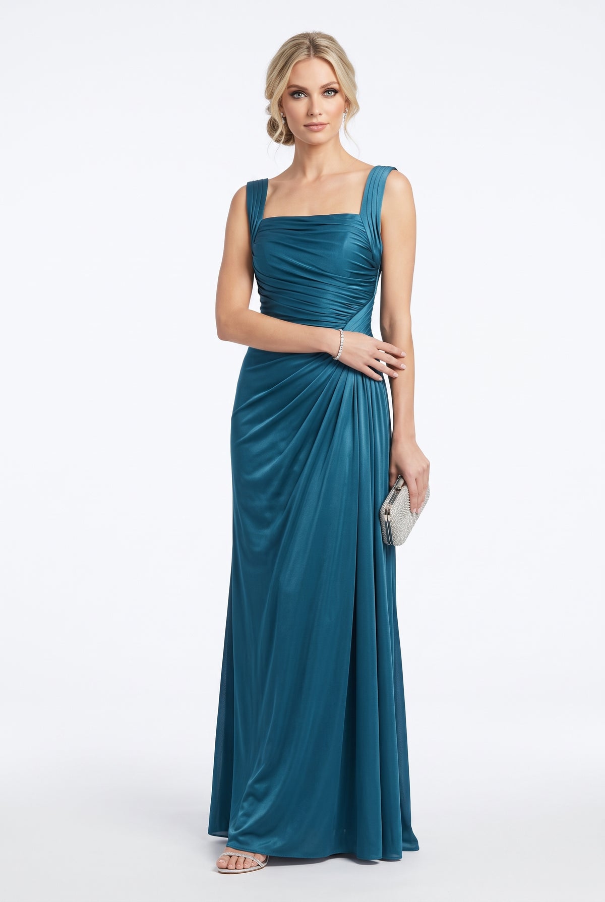 Elegantes Abendkleid mit Drapierung in Metallic-Kupfer Beschreibung: e414