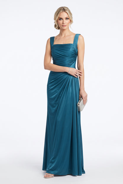 Elegantes Abendkleid mit Drapierung in Metallic-Kupfer Beschreibung: e414