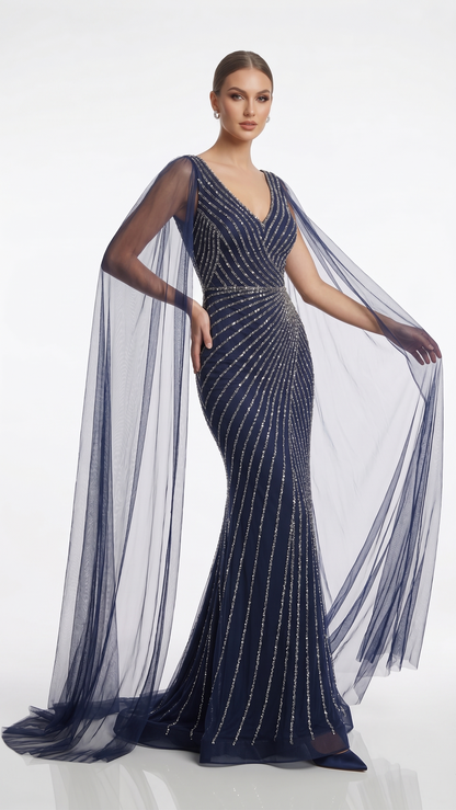 Pailletten-Abendkleid mit Cape-Ärmeln E307