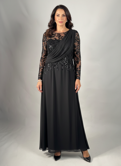 Langes Schwarzes Abendkleid mit Drapiertem Oberteil und Steinverzierungen E353