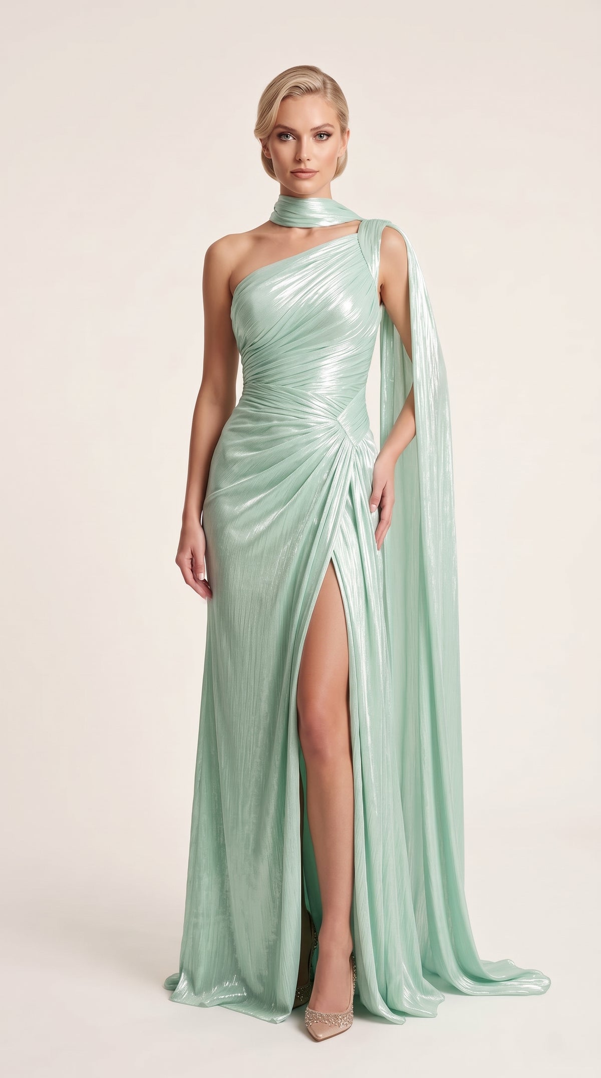 Asymmetrisches One-Shoulder Abendkleid in Champagner Beschreibung: e399