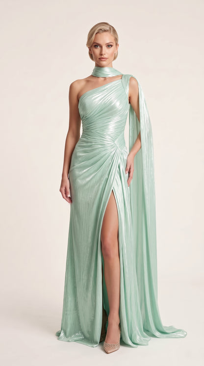 Asymmetrisches One-Shoulder Abendkleid in Champagner Beschreibung: e399
