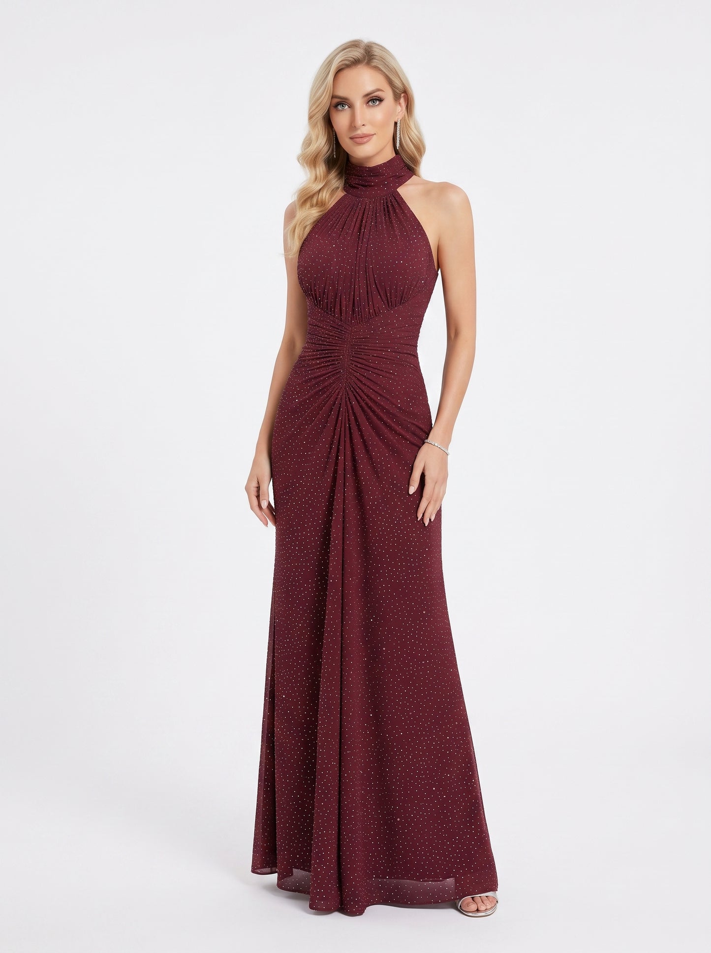 Elegantes Neckholder-Abendkleid mit Drapierung in Mintgrün Beschreibung: e410