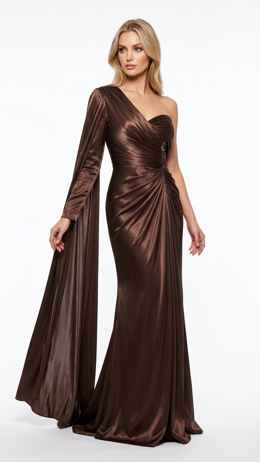 Asymmetrisches One-Shoulder Abendkleid in Metallic-Bronze Beschreibung: e419