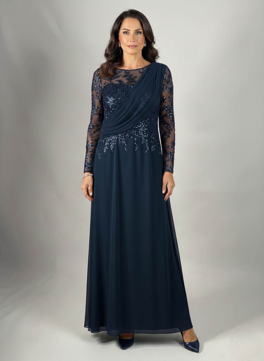 Langes Schwarzes Abendkleid mit Drapiertem Oberteil und Steinverzierungen E353