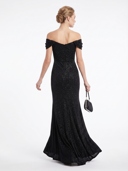 Langes Abendkleid mit Drapierung, Carmen-Ausschnitt und Schlitz E363