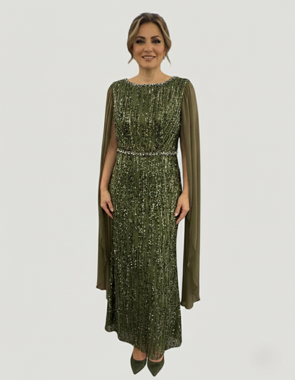 Langes Pailletten-Abendkleid mit Cape-Ärmeln&nbsp - E288