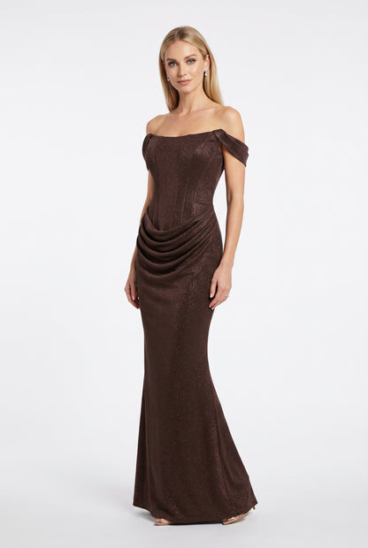 Schulterfreies Korsett-Abendkleid mit Drapierung in Roségold Beschreibung: e408