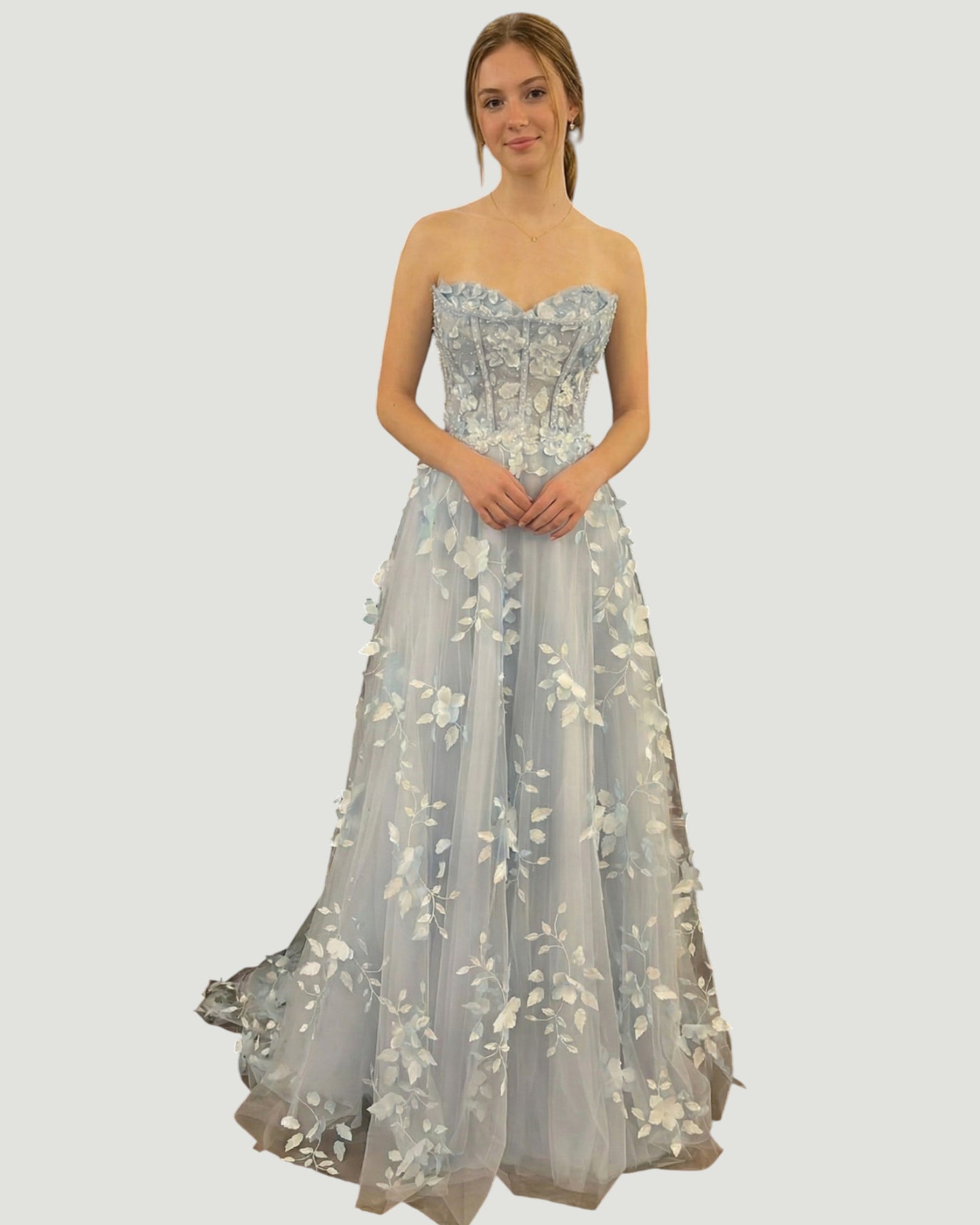 Trägerloses Tüll-Abendkleid mit 3D-Blüten - E304