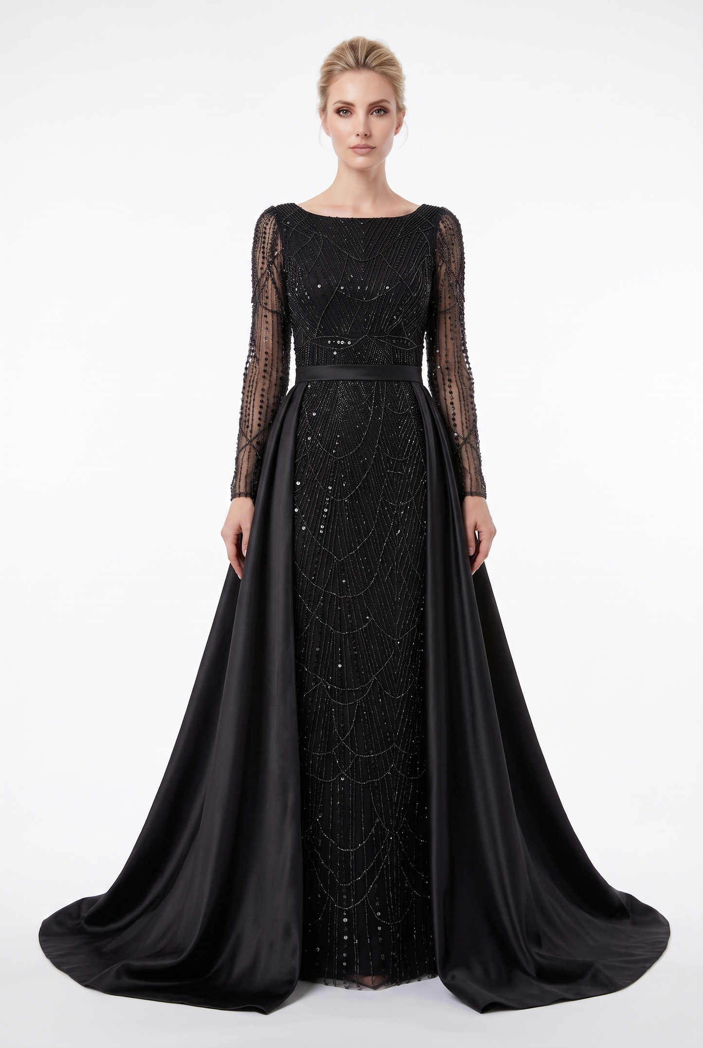 Langes Schwarzes Abendkleid mit Eckigem Ausschnitt und Transparenten Ärmeln E352
