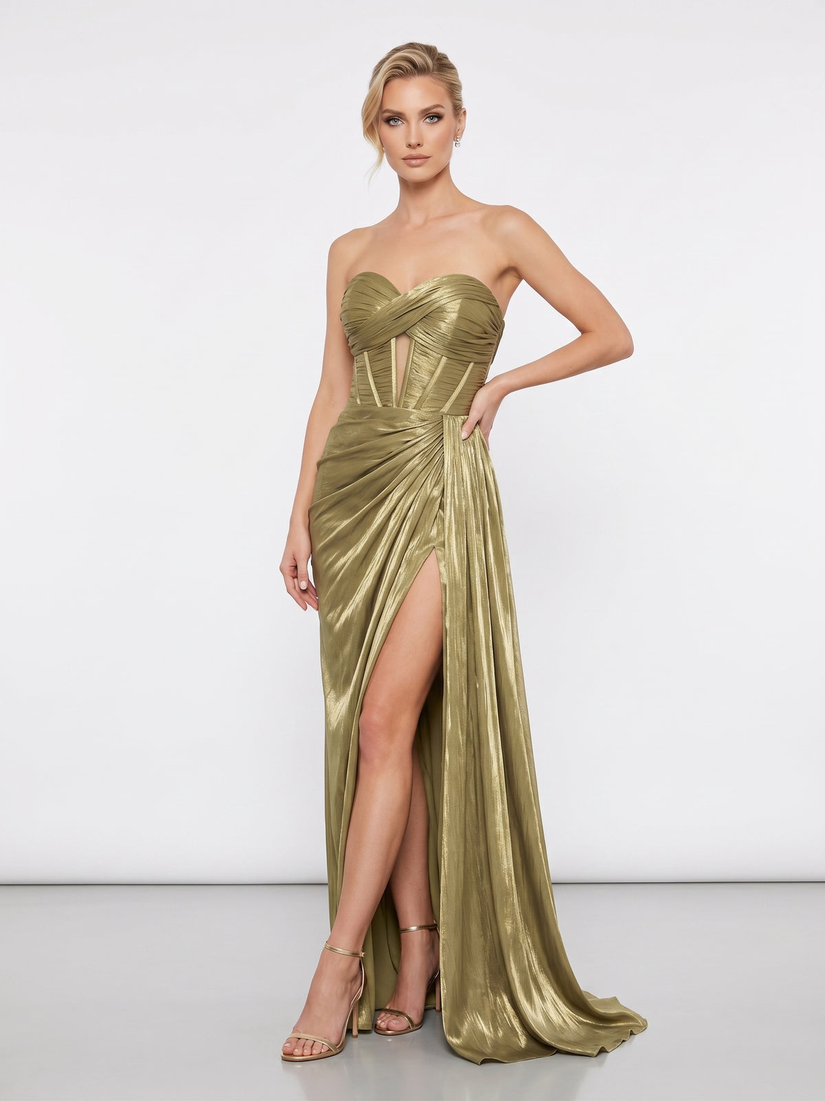 Drapiertes Corsagen-Abendkleid mit hohem Schlitz e394