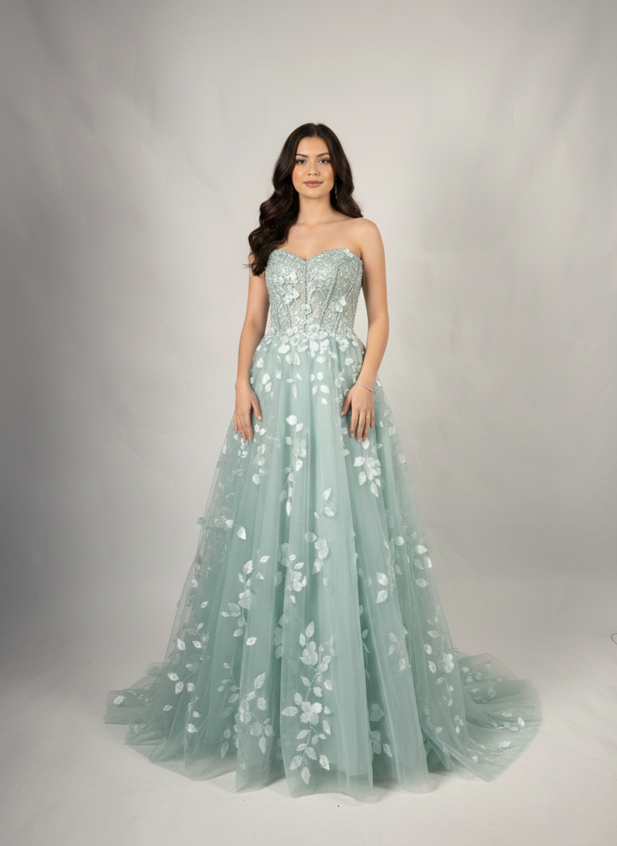 Trägerloses Tüll-Abendkleid mit 3D-Blüten - E304