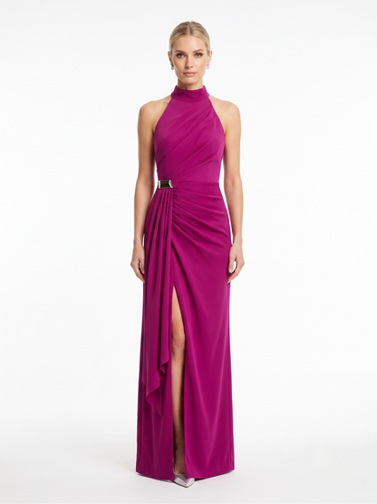 Chiffonabendkleid mit Drapierung und Stehkragen E384