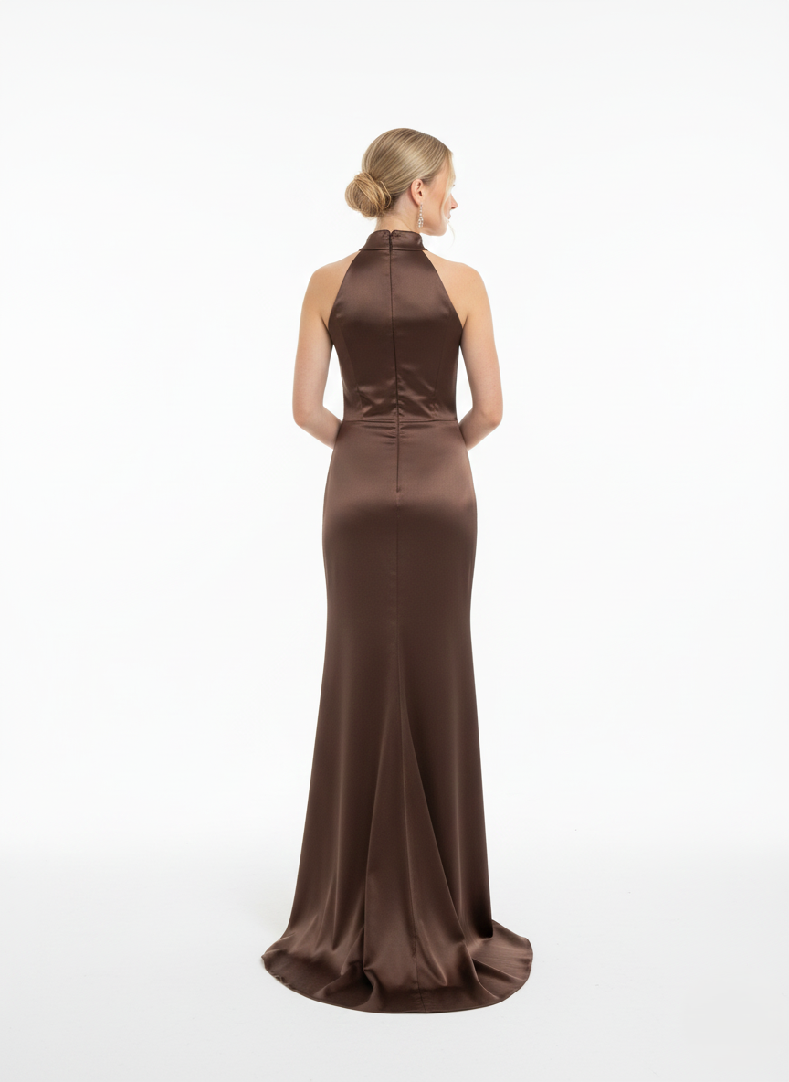 Halter-neck style attached floor-length caElegantes Neckholder-Abendkleid aus Satin mit Drapierung in Marineblau Beschreibung e e426