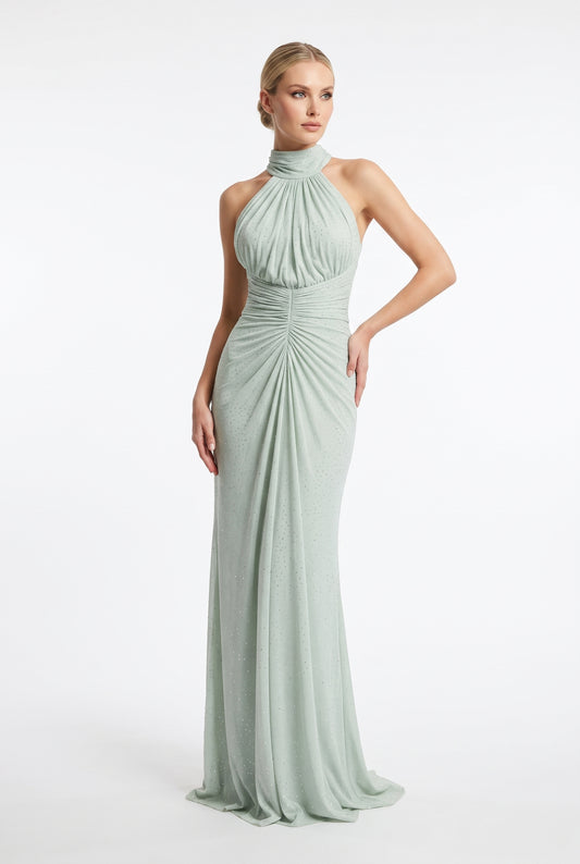 Elegantes Neckholder-Abendkleid mit Drapierung in Mintgrün Beschreibung: e410