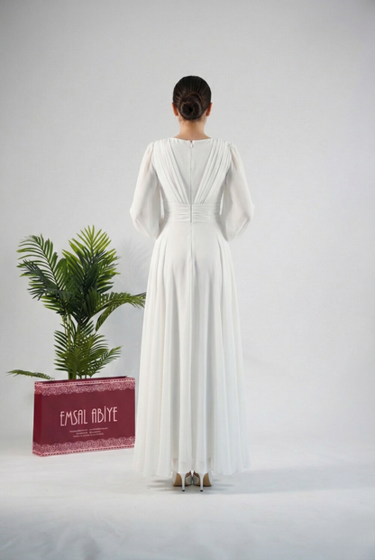 Chiffon-Abendkleid mit V-Ausschnitt und langen Ärmeln E348