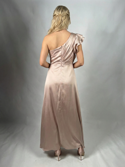 Satin-Abendkleid mit One-Shoulder-Design und Volantdetail – Marineblau E345